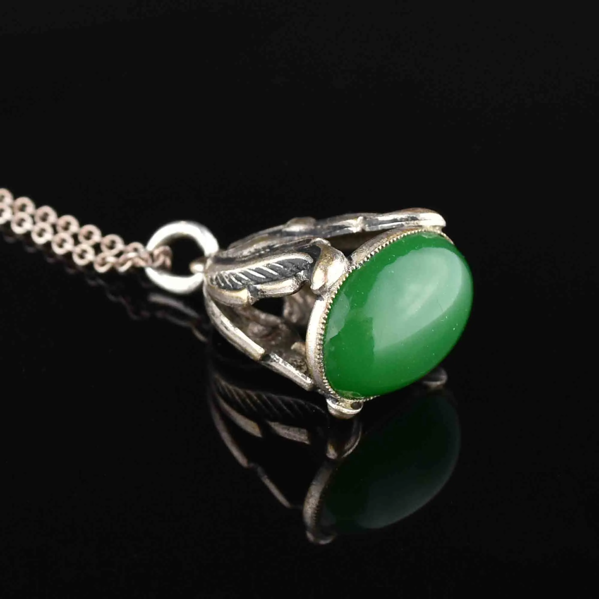 Antique Sterling Silver Green Chrysoprase Fob Pendant Necklace