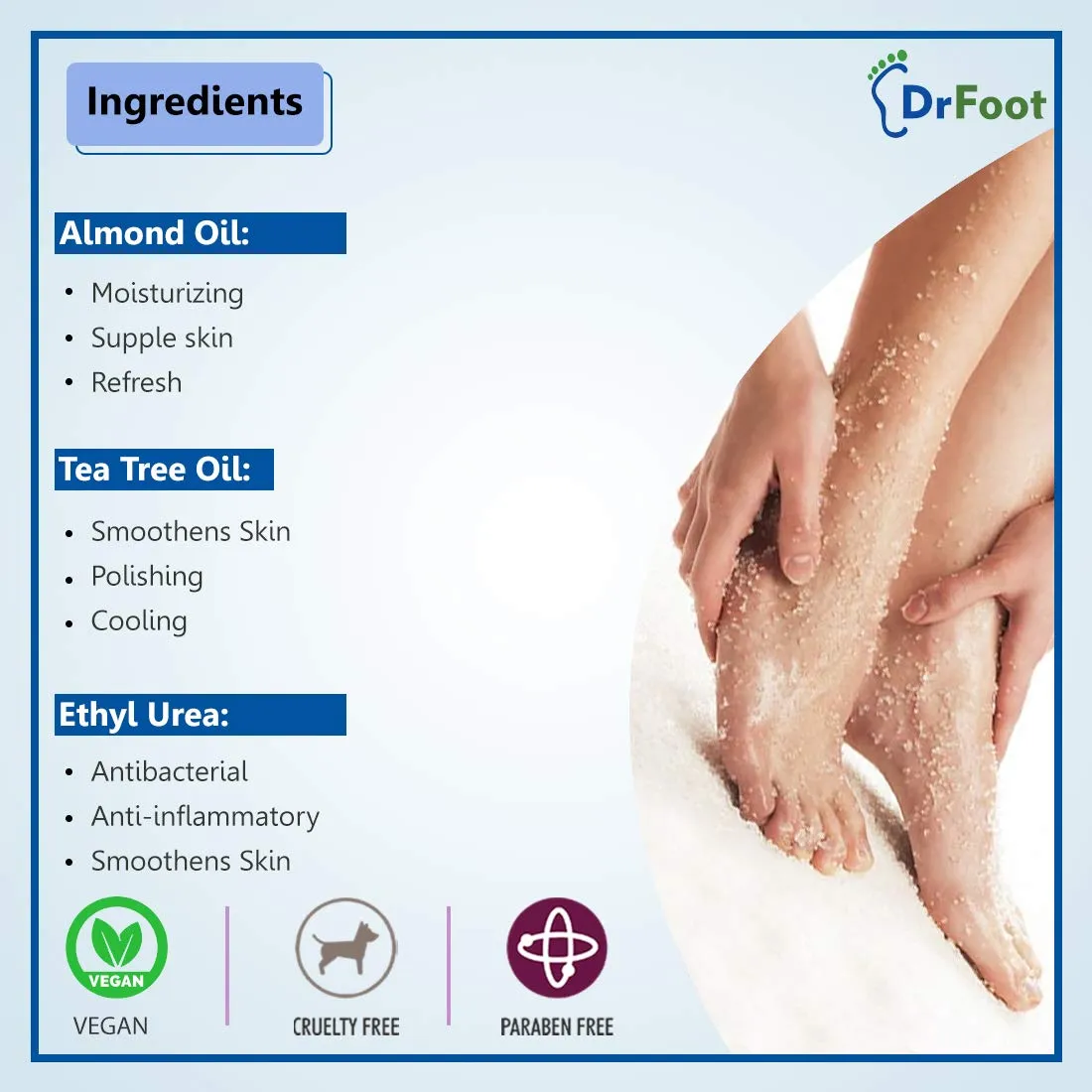 Dr Foot Foot Scrub with Tea Tree, Sweet Almond Oil | Exfoliator Dry Skin Remover, Softens for Thick Cracked Dry Heel Feet | Paraben Free | 100gm