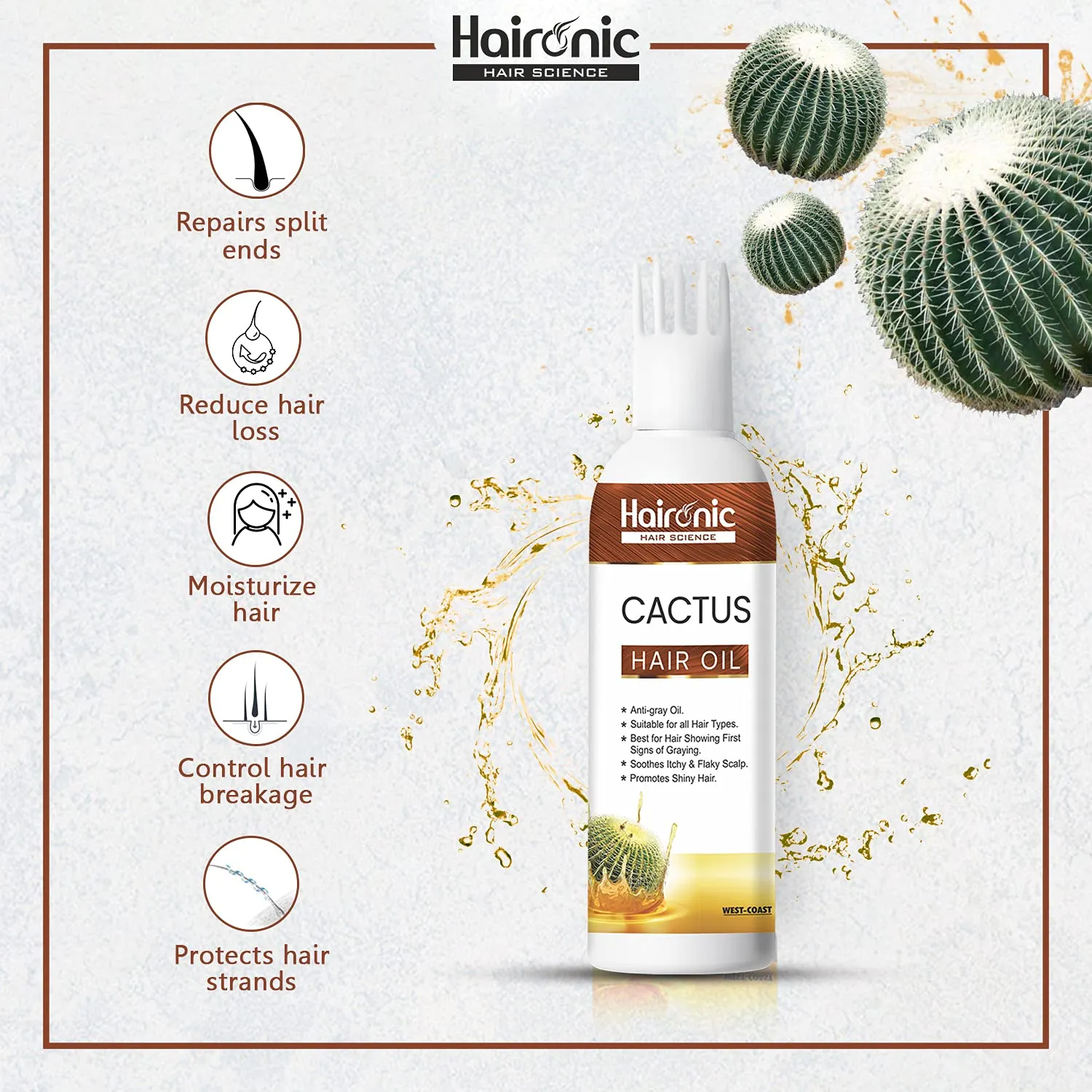 Haironic Hair Science Cactus Hair Oil | Promotes Shiny Hair |Non-Sticky & Suitable for All Hair Types – 100ml