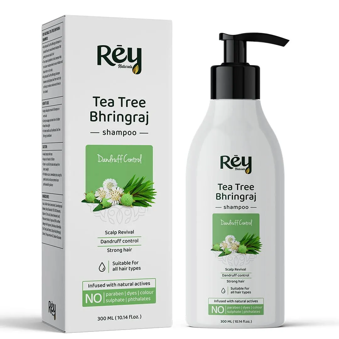 Rey Naturals Tea Tree Bhringraj Anti Dandruff Shampoo | With Natural Actives | Paraben & Sulphate Free | For a Clean & Healthy Scalp | Shampoo for Men and Women | 300 ML