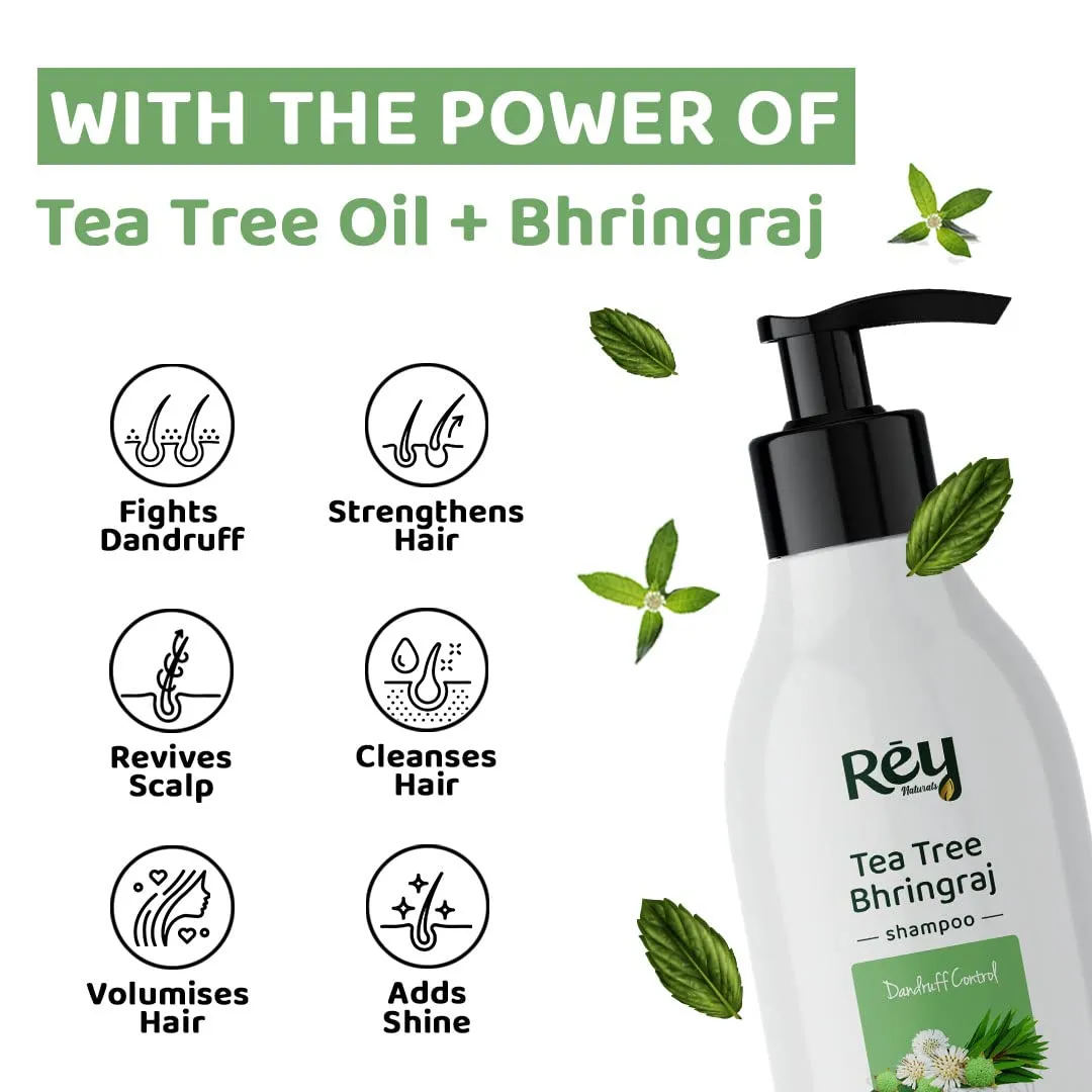 Rey Naturals Tea Tree Bhringraj Anti Dandruff Shampoo | With Natural Actives | Paraben & Sulphate Free | For a Clean & Healthy Scalp | Shampoo for Men and Women | 300 ML