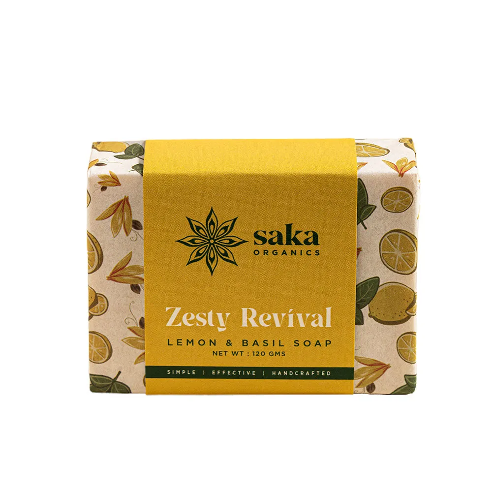 Saka - Zesty Revival | Handmade Lemon & Basil Soap with Moisturizing Formula | Natural Spa Bar for Normal Skin - 120gm