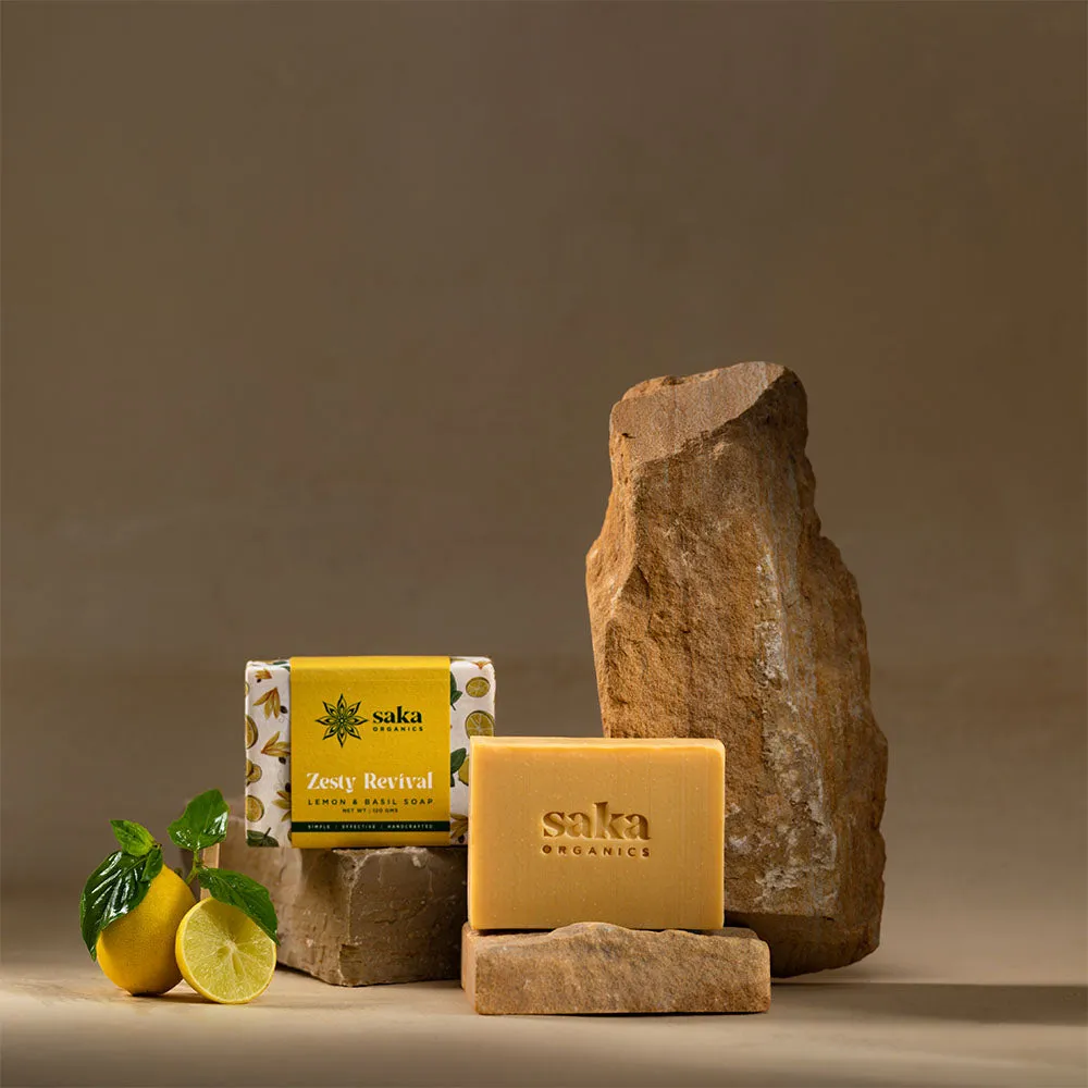 Saka - Zesty Revival | Handmade Lemon & Basil Soap with Moisturizing Formula | Natural Spa Bar for Normal Skin - 120gm